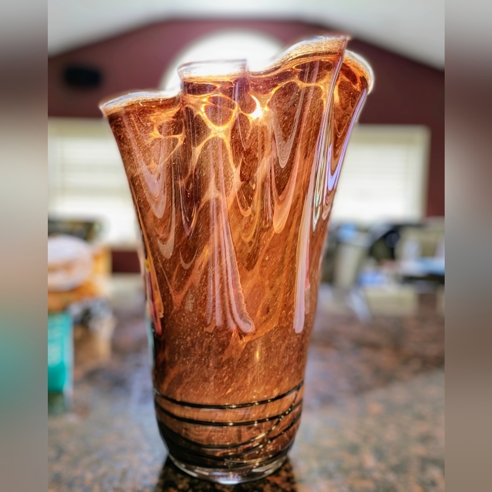 Jozefina Krosno, Poland- Brown Swirled Iridescent Vase W/ Glass String - Picture 2 of 6